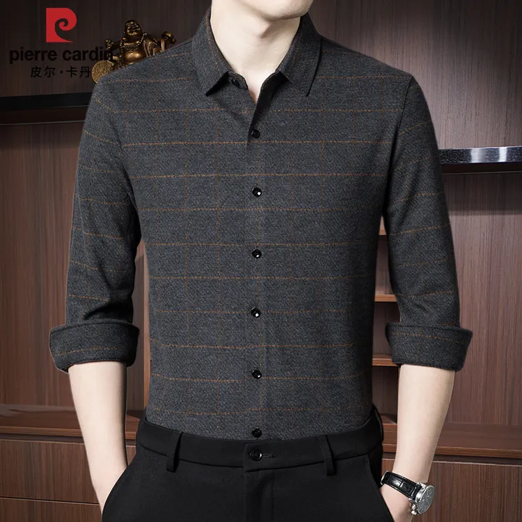 皮尔卡丹正品春秋新款绵羊毛长袖衬衫男高档商务休闲格子衬衣上衣
