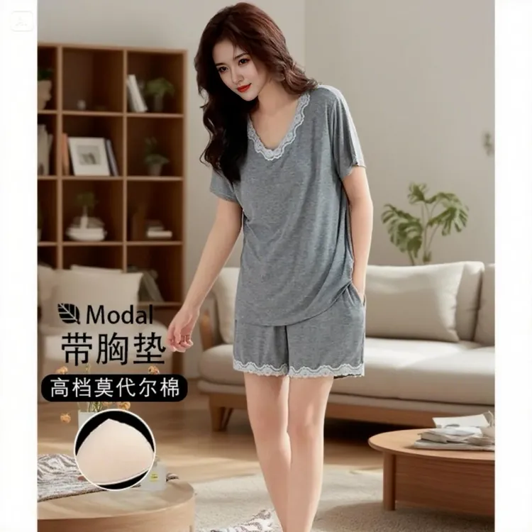 带胸垫睡衣女夏季莫代尔棉薄款短袖短裤蕾丝家居服可外穿两件套装
