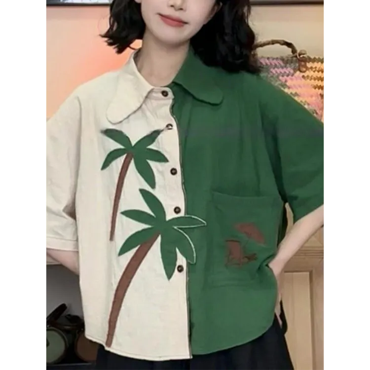 2025时尚夏装韩系立体凹凸创意门襟贴布椰树松弛感拉满短袖衬衫女