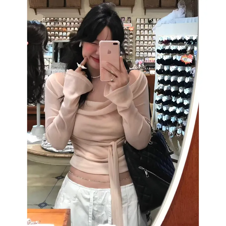 纯欲风性感荡领长袖t恤女秋季新款设计感小众修身显瘦Q 9590#