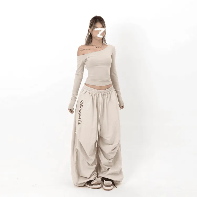美式辣妹斜肩一字肩长袖T恤+褶皱宽松阔腿工装伞兵裤套装