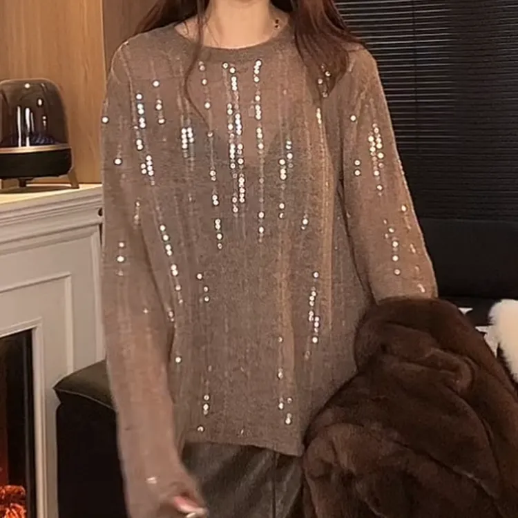 2026新款精致毛珠片竖条纹设计感显瘦针织衫上衣LK2509315