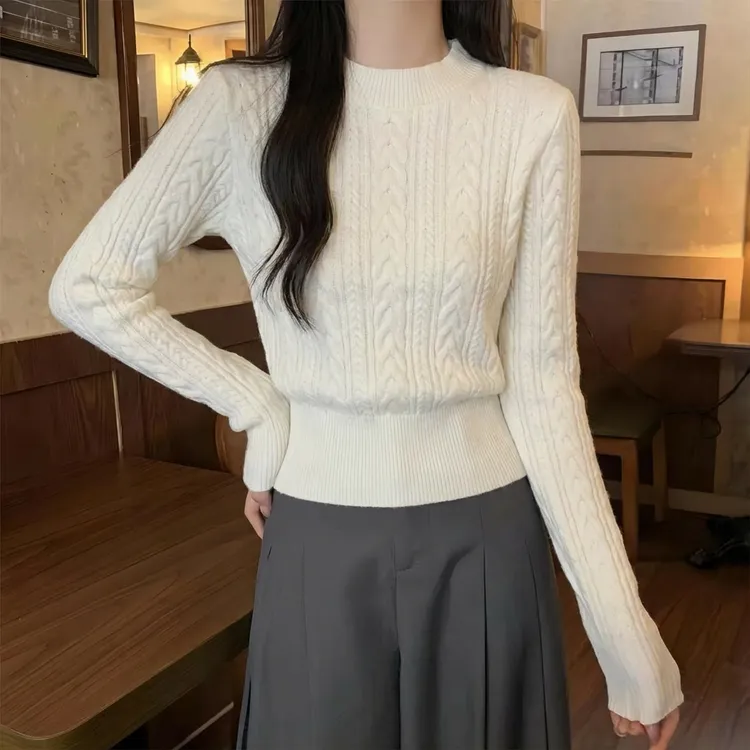 秋冬加厚款设计感麻花小立领收腰毛衣软糯安迪绒针织衫上衣#3057