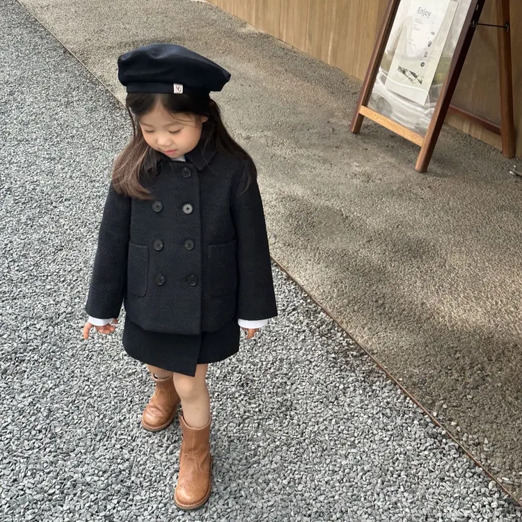 壹妈童装女童英伦风套装2025秋季新款洋气女宝黑色妮子外套半身裙