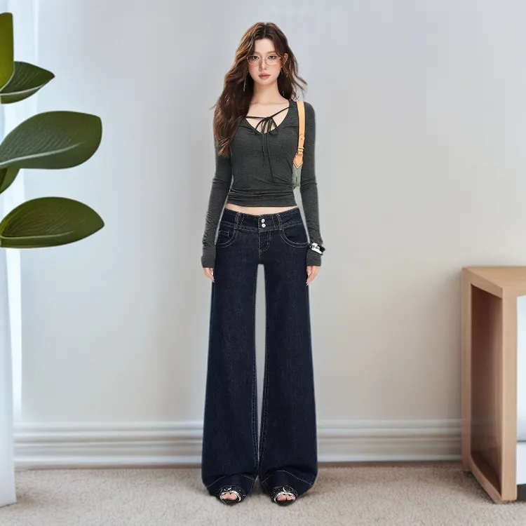 秋季2025年秋季新款美式低腰深蓝水洗牛仔长裤女不贴身显瘦通勤风