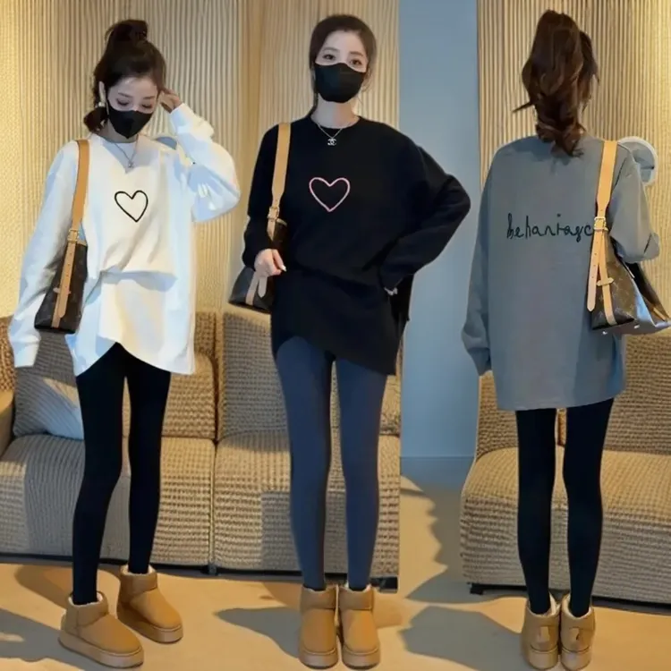 韩系爱心圆领打底长袖T恤女2025秋冬新款中长款宽松休闲加绒上衣