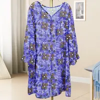 543蓝紫色蝴蝶印花荷花袖V领中长款大码衬衫时尚女上衣