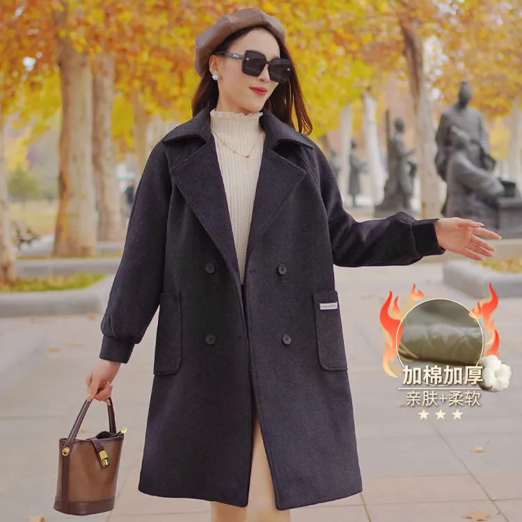 中长款加棉加厚插肩袖秋冬显瘦休闲风毛呢外套女装气质毛呢