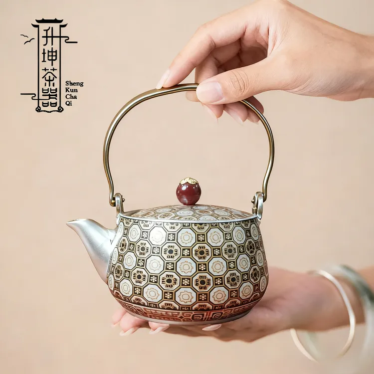 珐琅彩银壶提梁壶银茶具套装四杯带茶盘礼盒功夫茶具99纯银银茶具
