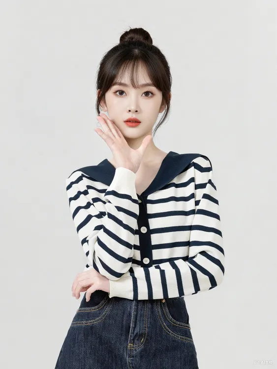 海军领长袖针织开衫女春秋2025新款设计感小众撞色薄款毛衣短上衣