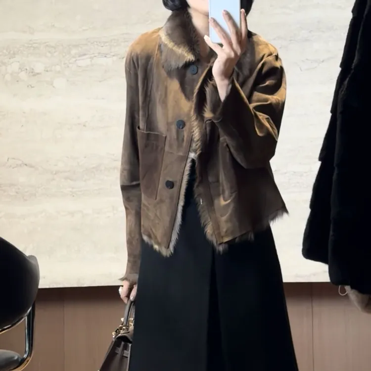 TANTAN 百搭时尚短款秋冬山羊华子羊皮毛一体外套4370