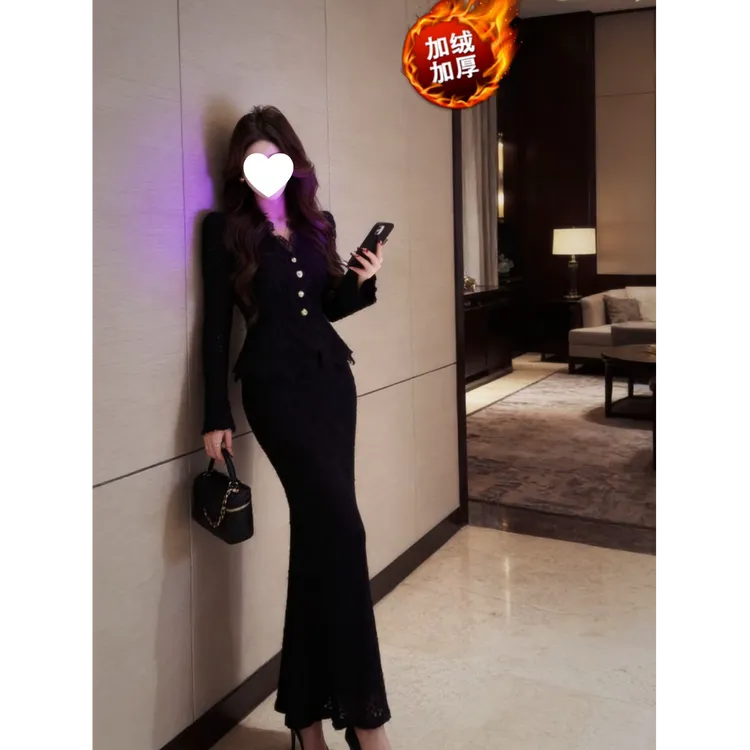 【丁芋绮恋】冬款高端重工蕾丝绒内气质上衣半裙两件套