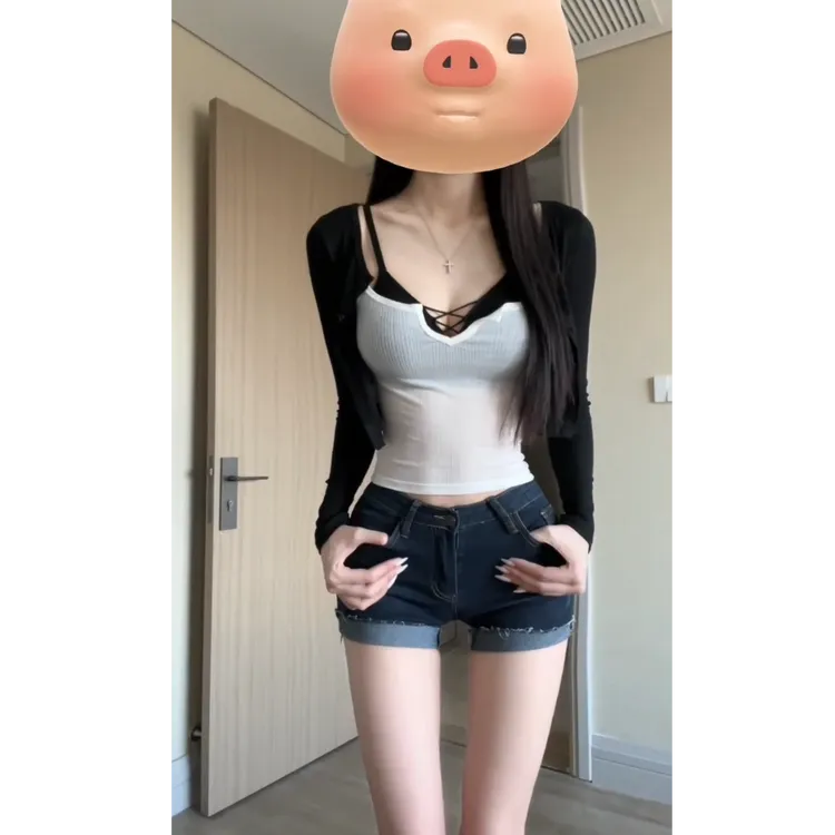 纯欲性感辣妹带胸垫内搭胸衣修身显瘦吊带背心短款长袖开衫三件套