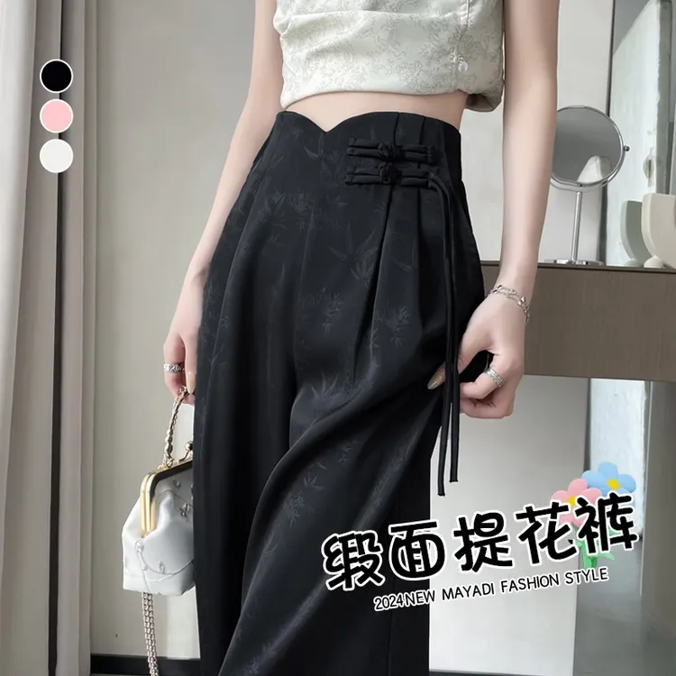 醋酸缎面阔腿裤女夏季新款窄版直筒西装裤高级感垂感新中式国风裤