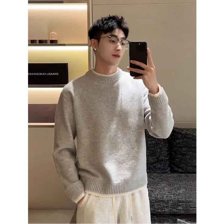 美利奴绵羊毛混纺假两件圆领毛衣男士羊毛衫秋冬新款内搭针织衫男