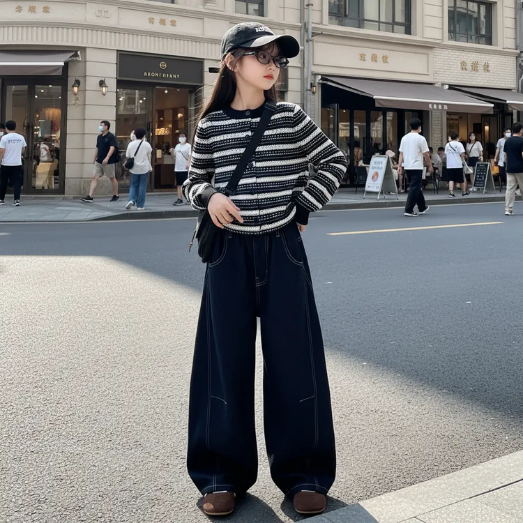 女童条纹毛衣套装秋装2025新款儿童秋季宽松牛仔裤子两件套中大童
