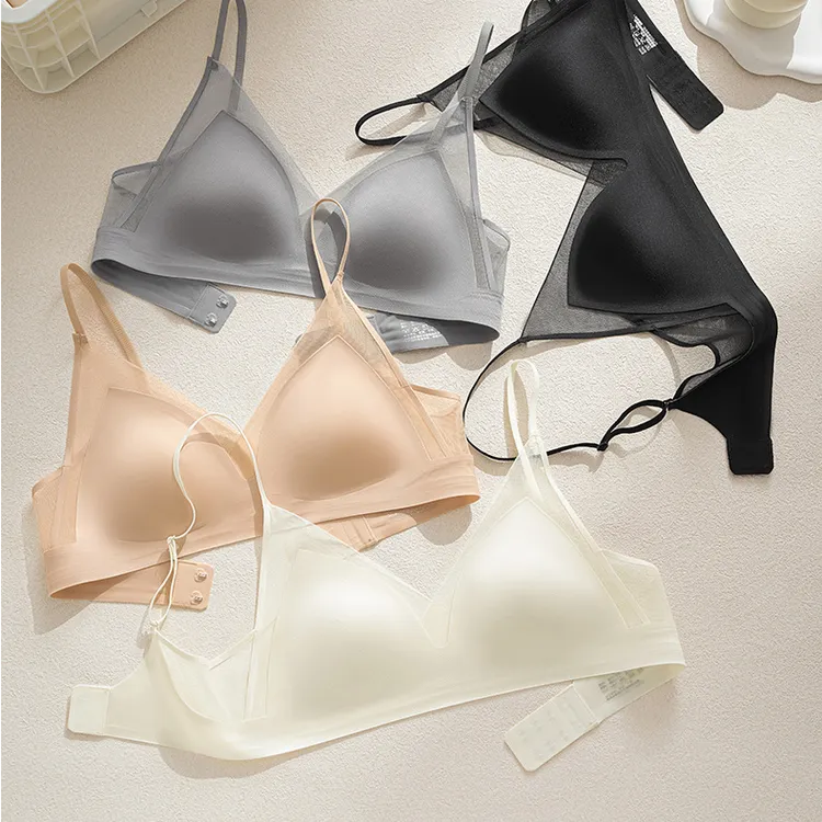 【法式珠光缎三角杯内衣】超薄无痕网纱细肩带小胸聚拢文胸罩-A09