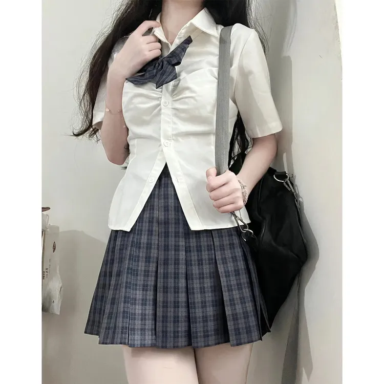 JK制服纯欲风收腰衬衫女学院风修身显瘦短袖上衣绑带学生白色衬衣