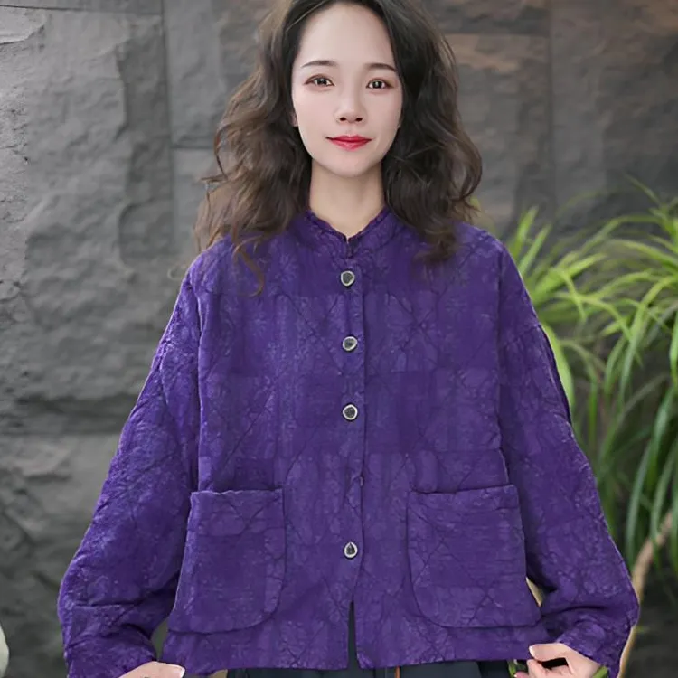 JJ宽松型厚款保暖立领刺绣棉服棉衣秋冬上衣情侣宽松加厚紫色