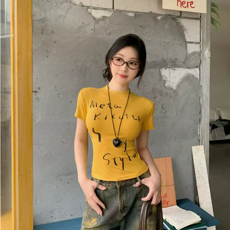 美式正肩短袖t恤女夏季设计感辣妹修身紧身绝美短款上衣