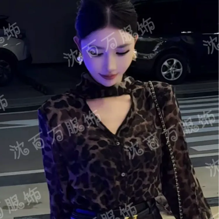 豹纹长袖衬衫女夏季宽松领中长款小众衬衣气质外穿百搭【不含腰带】