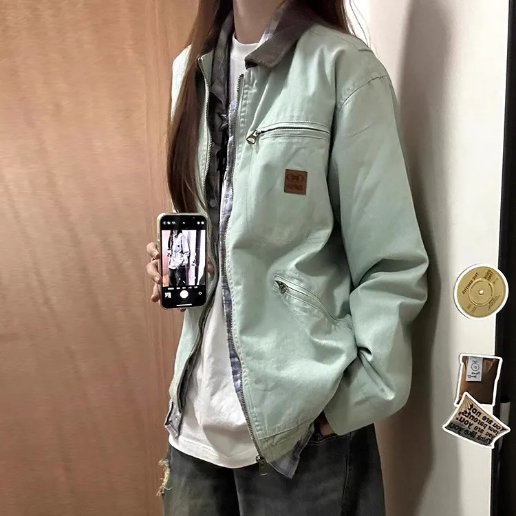 日系复古超好看翻领外套女春秋季底特律潮牌男女款工装夹克棒球服