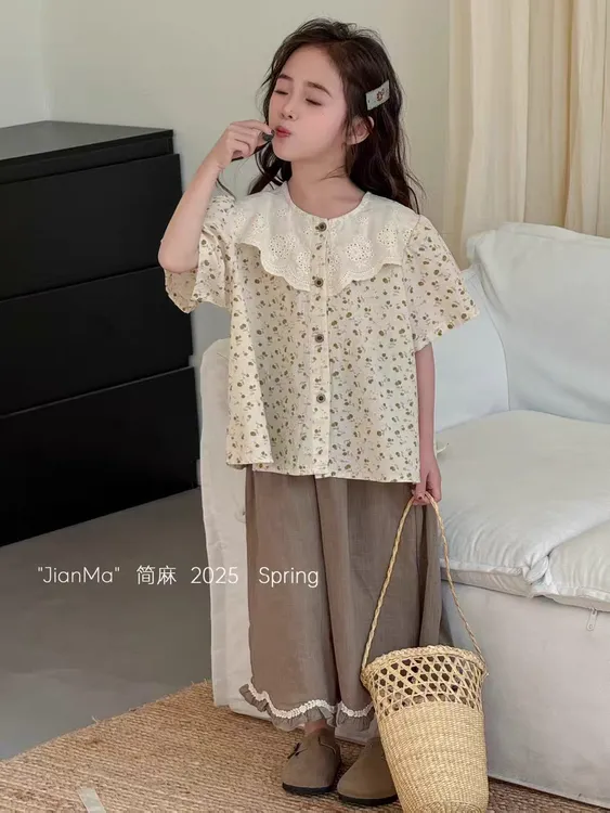 韩系男女童夏季棉麻套装休闲碎花田园风