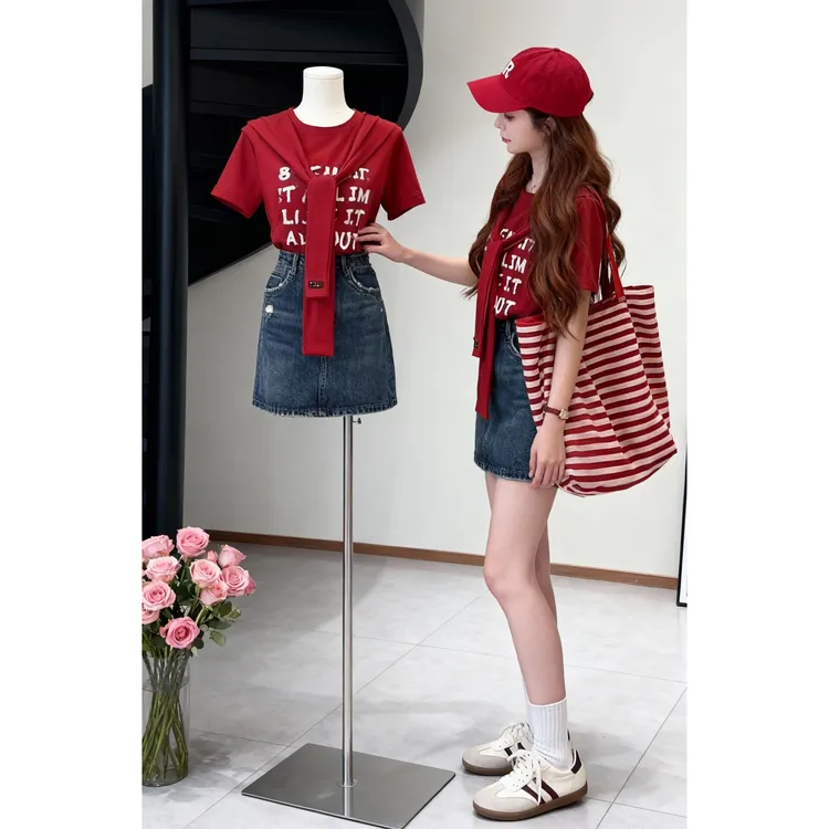 夏季时尚一整套女装2025新款韩版披肩短袖T恤高腰牛仔短裙两件套