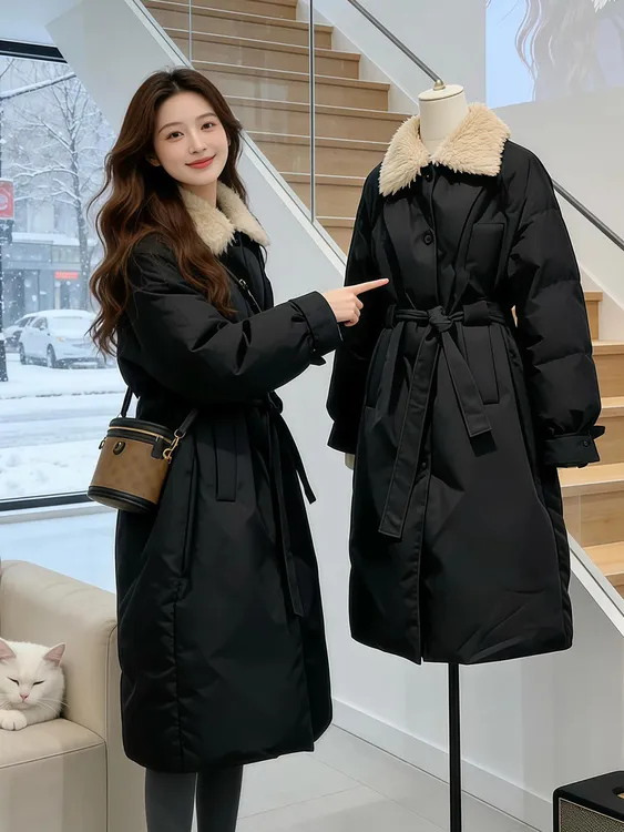 黑色毛领棉服女2026冬季新款百搭时尚版型巨好看的冬装中长款保暖