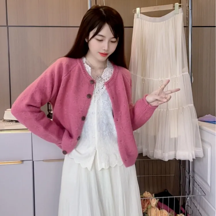 秋冬小香风提花重工开衫甜美温柔百搭韩版保暖加厚针织毛衣外套