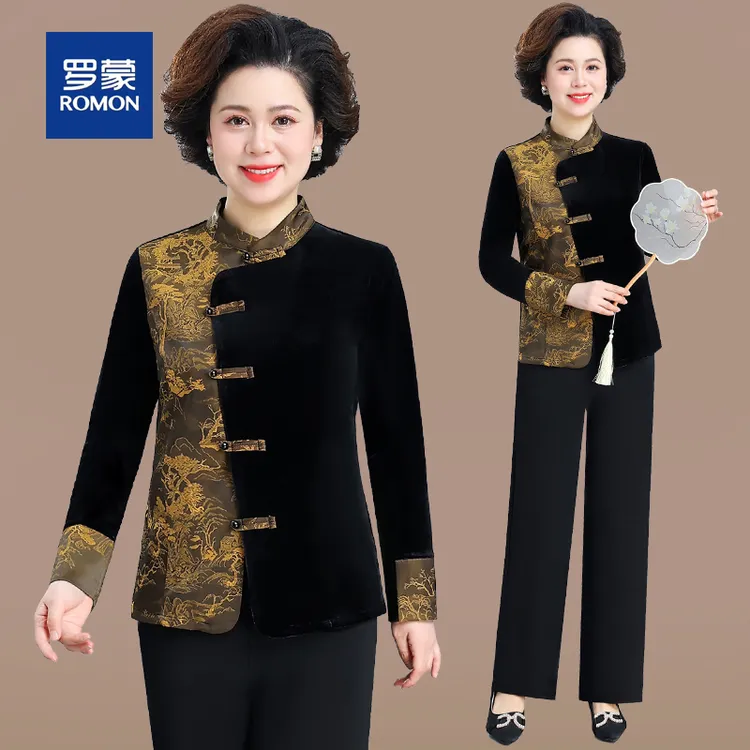 罗蒙中年妈妈春装阔太太金丝绒套装女唐装国风上衣中老年两件套女