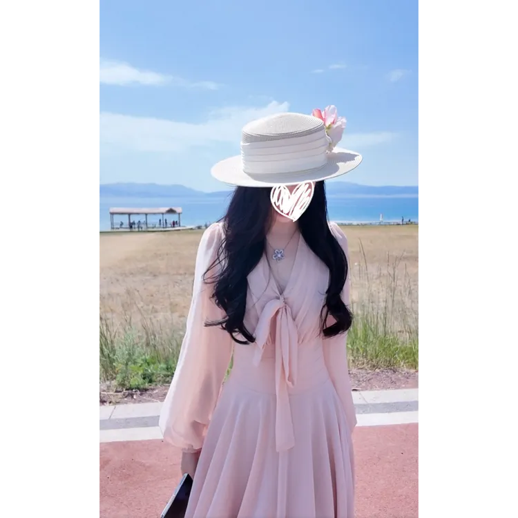 古早美人】飘带收腰显瘦温柔设计感大裙摆长袖连衣裙子新款时尚女