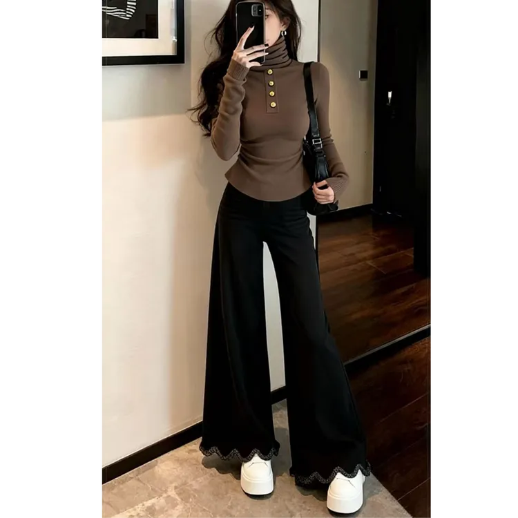 Z674法式纯欲高领打底衫女秋冬收腰显瘦上衣阔腿裤显瘦两件套