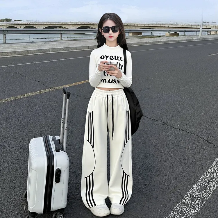 女童工装裤套装酷飒风2025秋季新款中大童长袖字母T恤潮搭运动裤