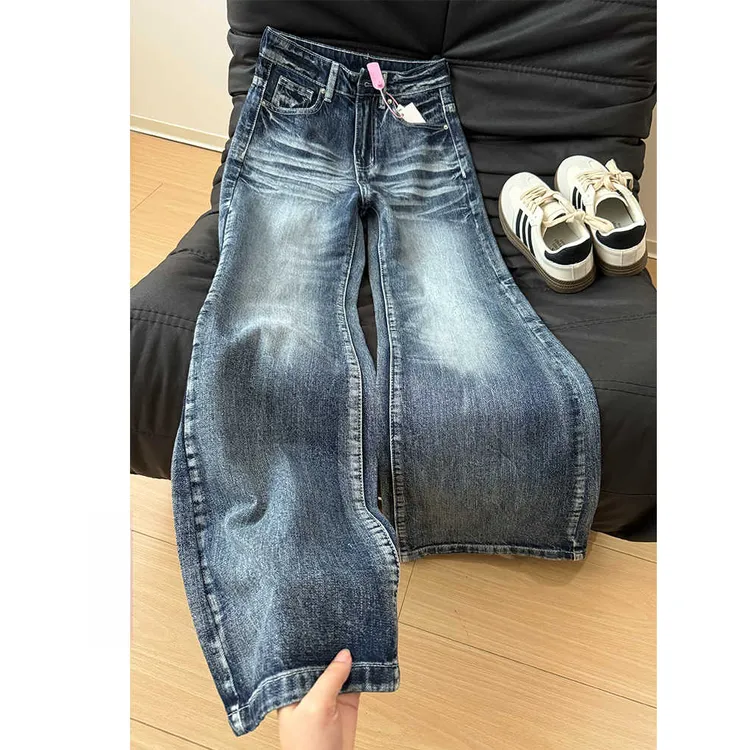 复古春季款美式高街低腰牛仔裤女高个子加长百搭流行微喇阔腿裤子