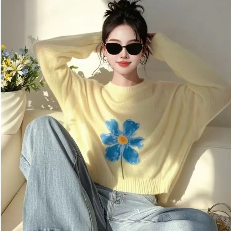春季法式优雅绝美黄色花朵圆领长袖毛衣针织衫女款超好看软糯小衫