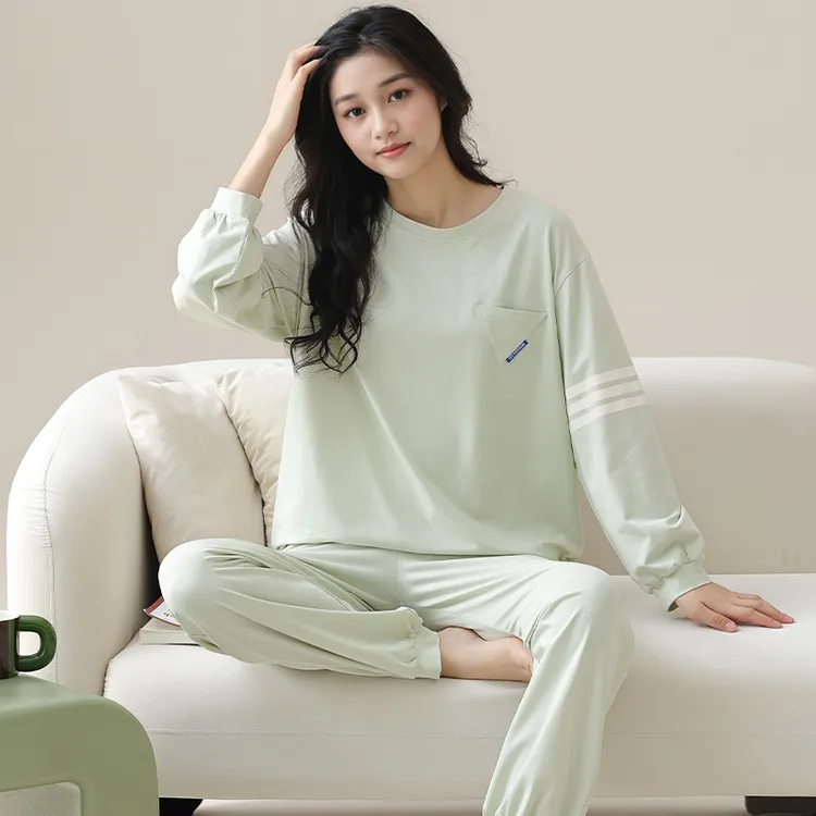 炸姐圆领睡衣女春秋季2025新款简约纯色长袖长裤套装可外穿家居服