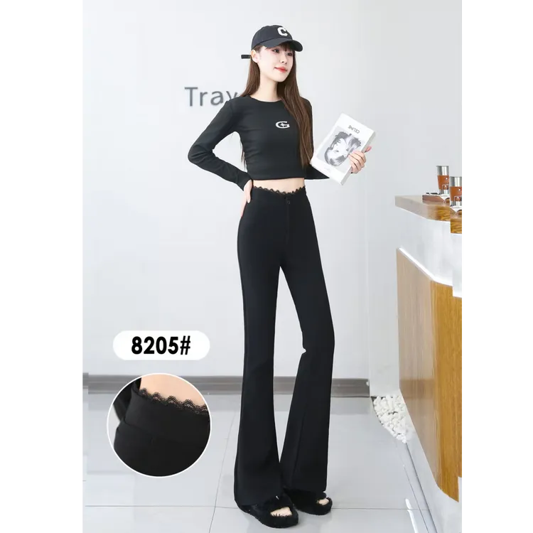 8205蕾丝加厚女士裤秋款喇叭裤高腰女神微喇裤黑色显瘦时尚马蹄裤