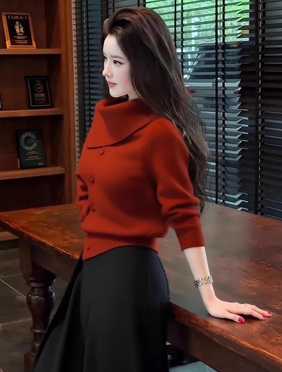 红色针织上衣女秋冬季内搭独特别致巨好看气质高端设计感翻领毛衣