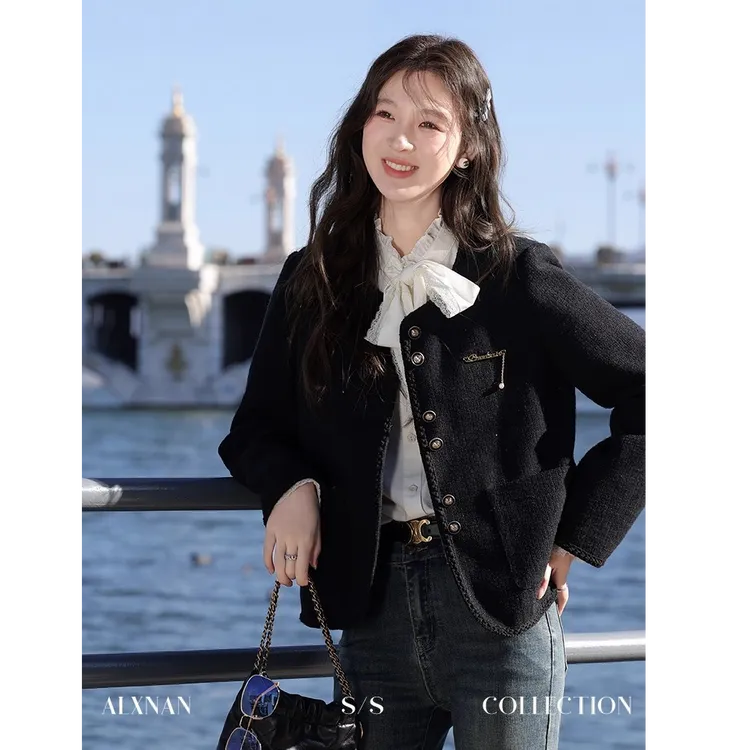 鹿向南「黑巧可可」优雅气质短外套女小香风显瘦上衣小香高级感外套
