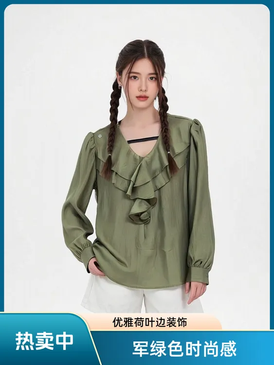 飘带领长袖法式泡泡袖宽松衬衫设计感上衣