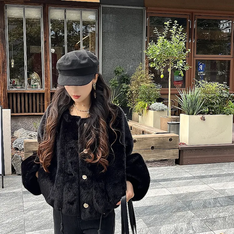 简&搭【千屿Sheila】底部抽绳圆领毛绒外套253-WT/1023-9016