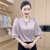 夏季女士木耳边新款五分袖刺绣显瘦气质小衫衬衣衬衫