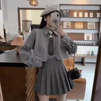 M370#秋季减龄套装女学院风设计感针织披肩衬衫百褶裙洋气三件套