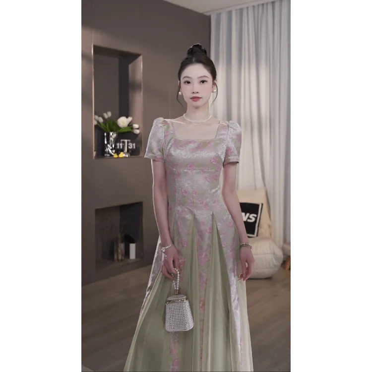 TANS【花影梦瑶】显瘦法式方领连衣裙优雅仙气夏季长裙