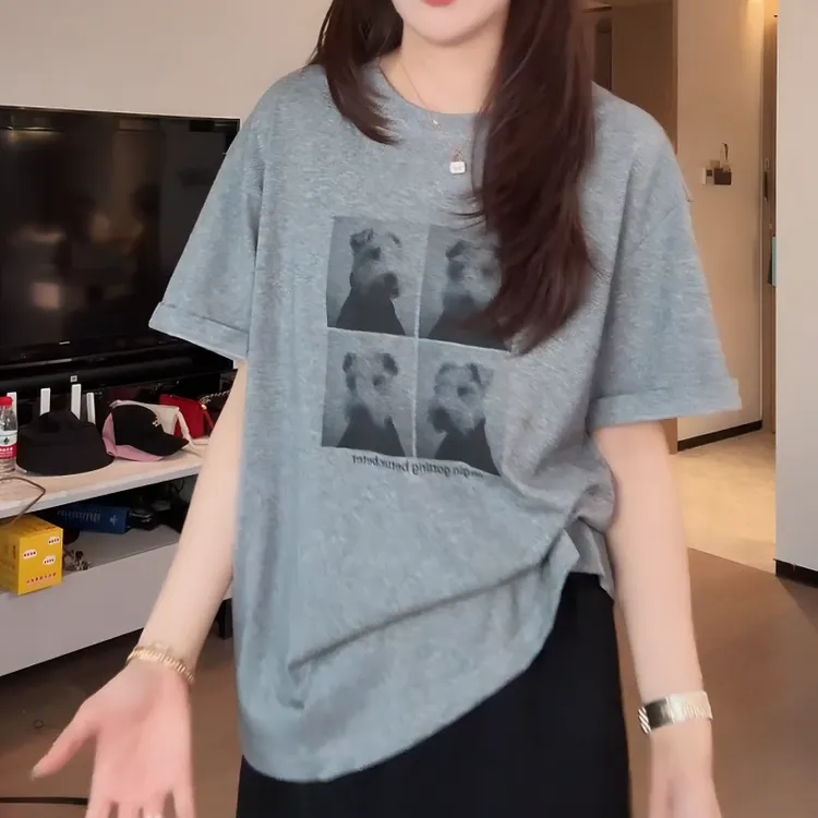 卡通印花新款减龄休闲百搭短袖T恤+开叉休闲宽松半身裙LK2502976