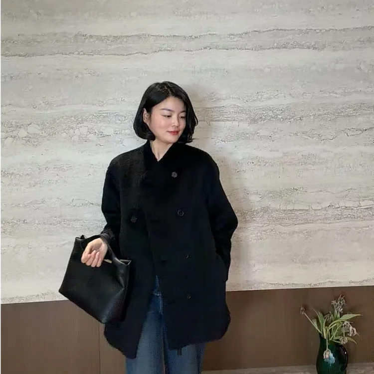 TANTAN 时尚经典黑气质短款毛呢外套3458