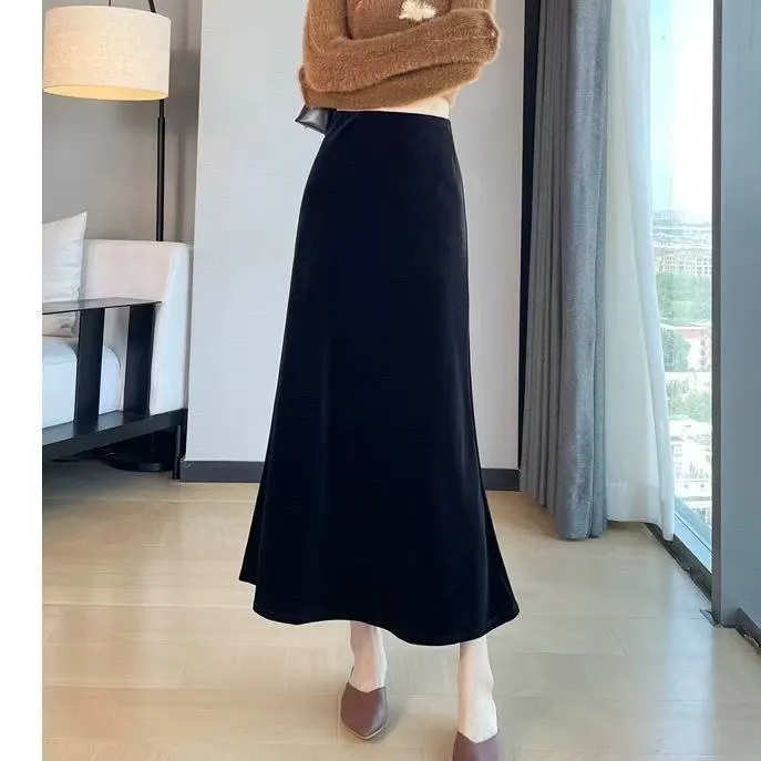 【现货+两个裙长】丝绒半身裙女2025新款秋季高腰显瘦a字裙包臀裙子