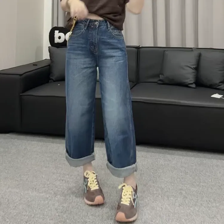 大码窄版直筒牛仔裤女2025早秋新款洋气百搭高腰显瘦九分法棍裤子