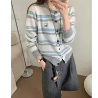蓝白灰条纹上衣女显瘦毛衣春秋宽松圆领针织开衫